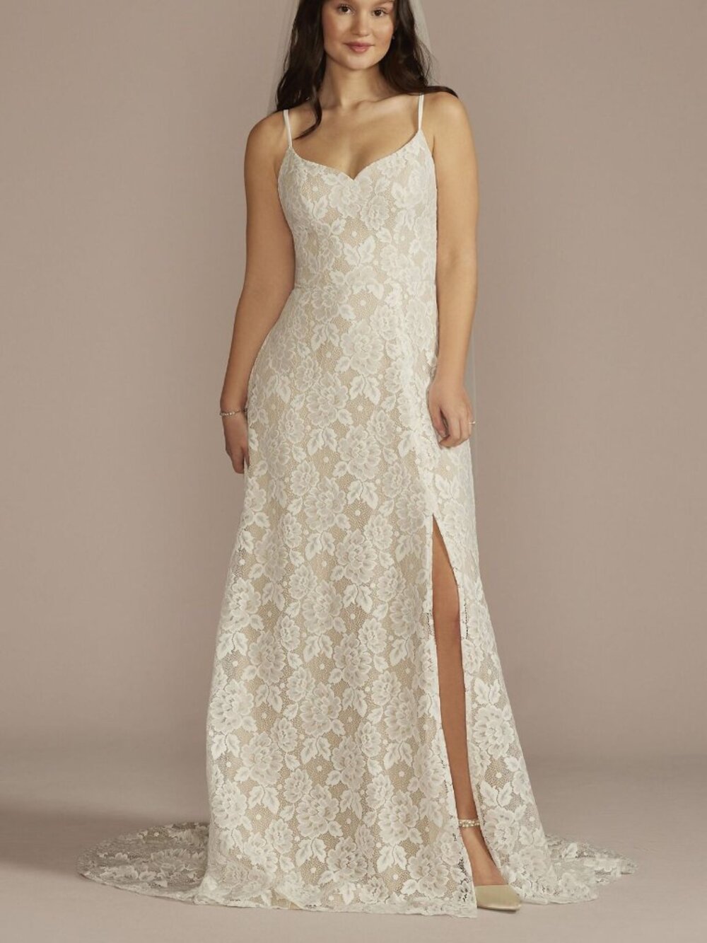 DB Studio Floral Lace Slit A-Line Wedding Dress Ivory Champagne Size 6